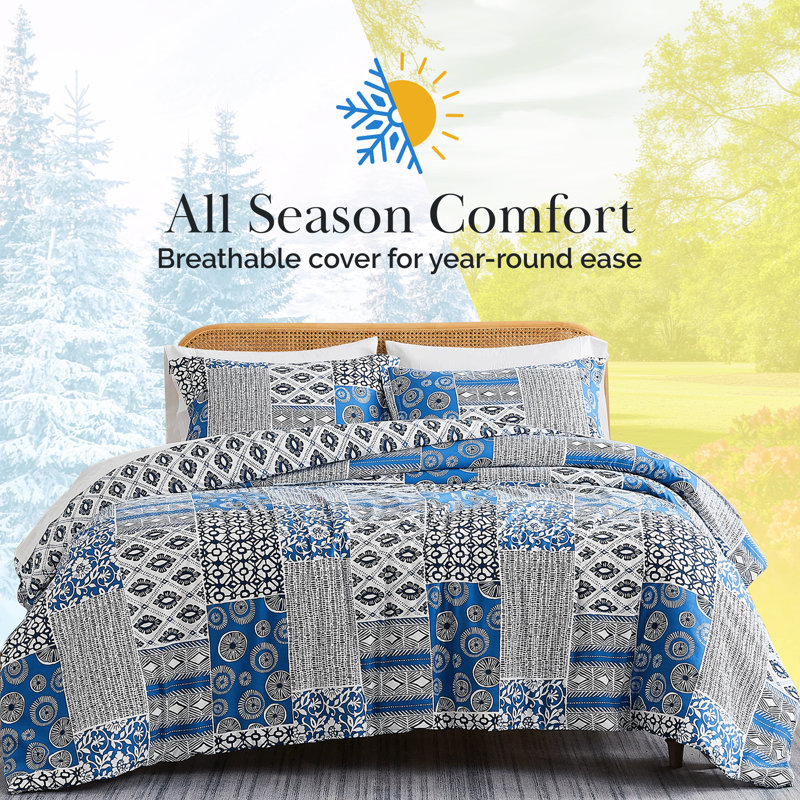 Ensemble de housse de couette réversible en microfibre Global Patchwork Collection, Bleu