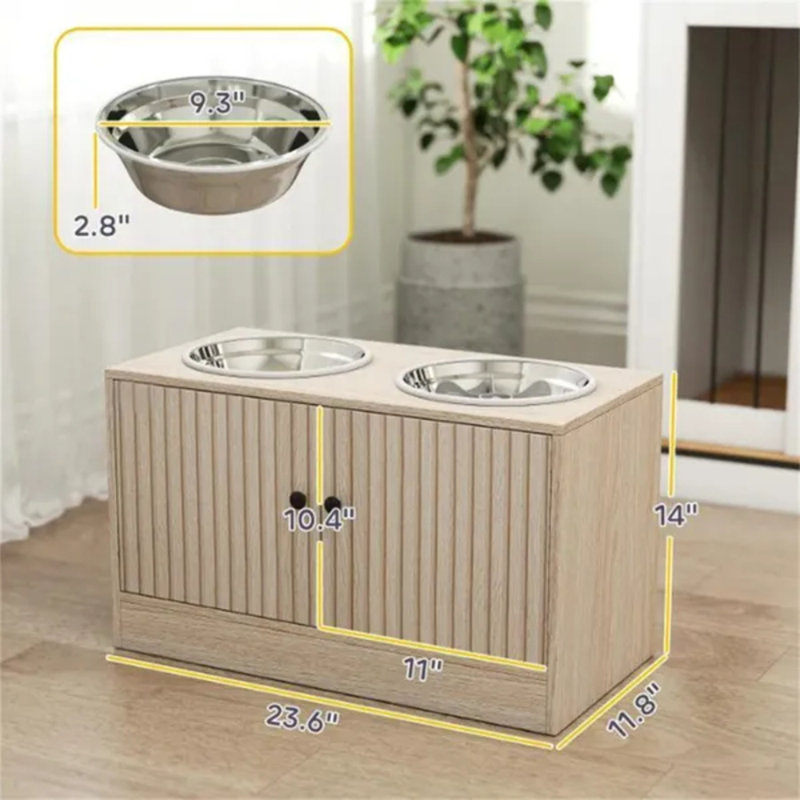 Oak Elevated Dog Bowl with Hidden Storage Cabinet