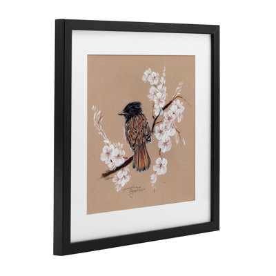 Perched Bird Neutral Apple Blossoms Framed Print Under Glass, design by Cady Driver