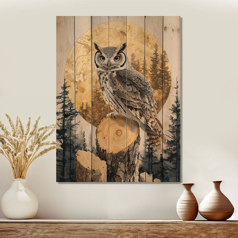 Owl Into Golden Forest Landscape - Owl Animal Wood Wall Decor - On Natural Pine Wood, 20" H x 10" W x 0.78" D