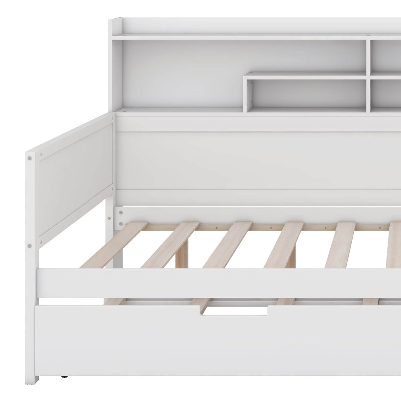 Lit de jour polyvalent en bois avec tablettes de rangement et bureau d'étude, Blanc antique