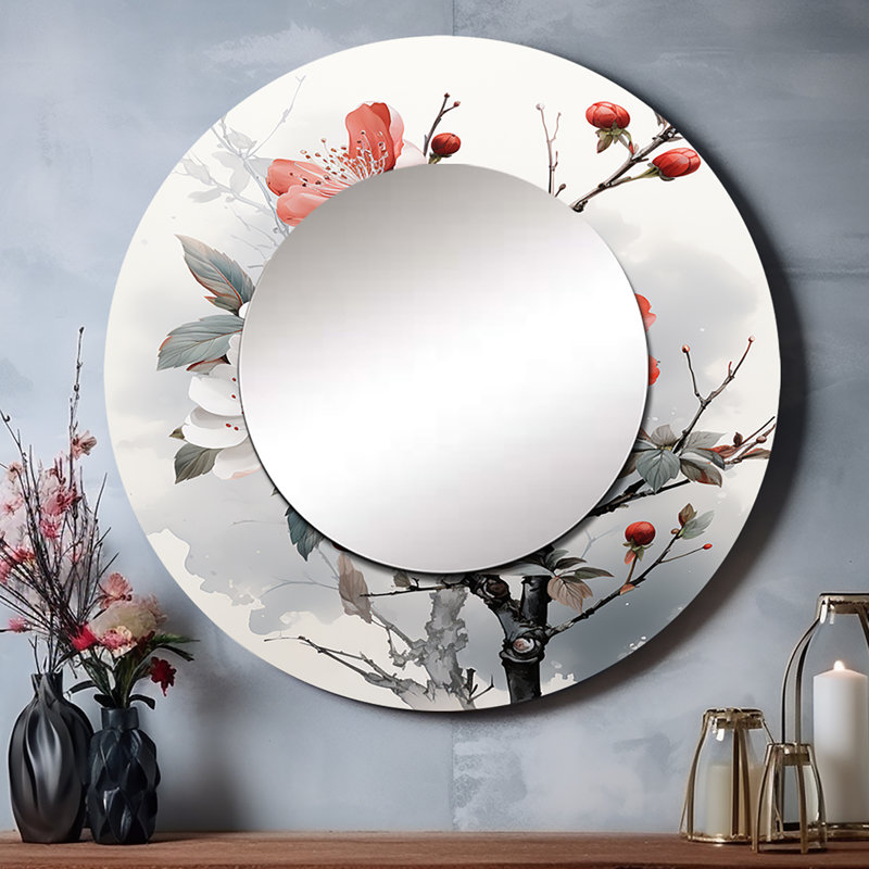 Asian Art Apple Blossom I - Asian Art Mirror, Global Round Decorative Wall Mirror, Printed Metal Art, 36" x 36"