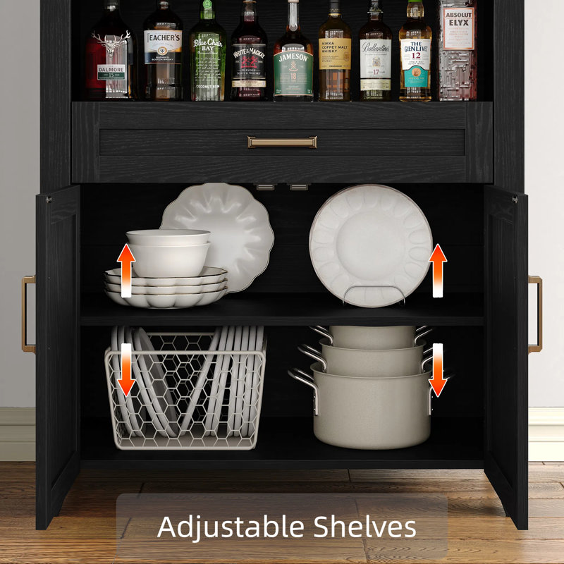 65" Tall Arched Storage Bookcase with Adjustable Shelves,Arched Cabinet with Drawer, Black