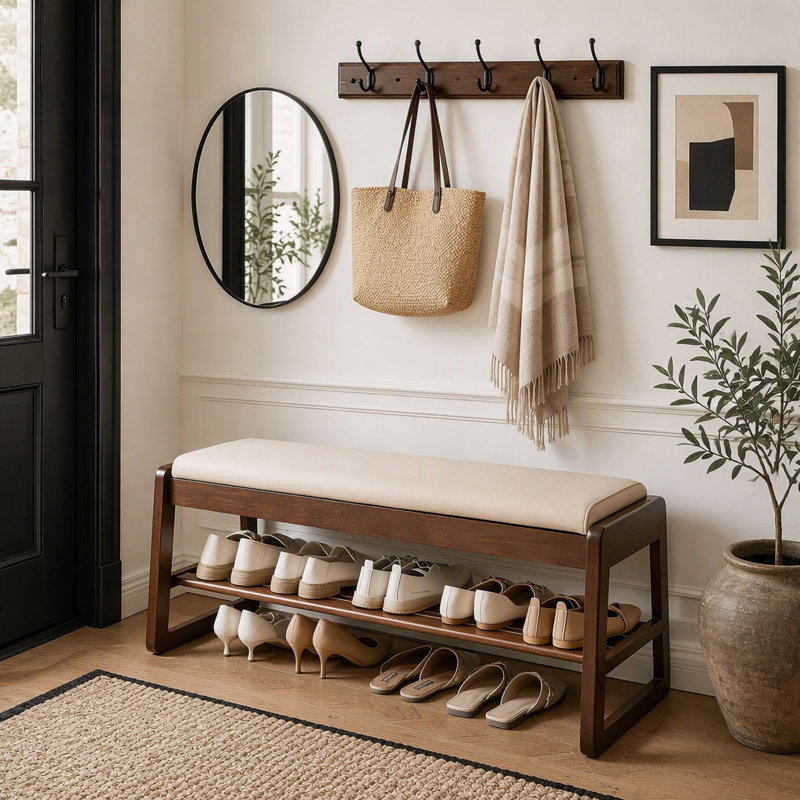 Banc de rangement pour chaussures en bois d'hévéa blanc cassé 39 po, pieds en bois massif brun pour le hall d'entrée de la chambre à coucher