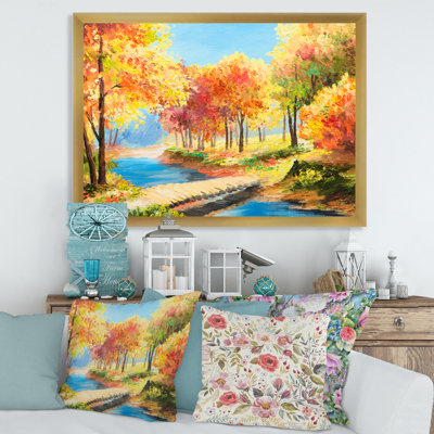 Arbres jaunes et oranges au bord de la rivière - Peinture sur toile