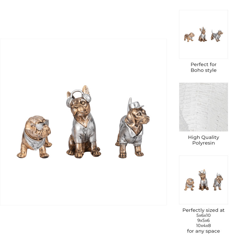 Trinx 3-Pieces Polyresin Cool Dogs Decor Figurines, Gold