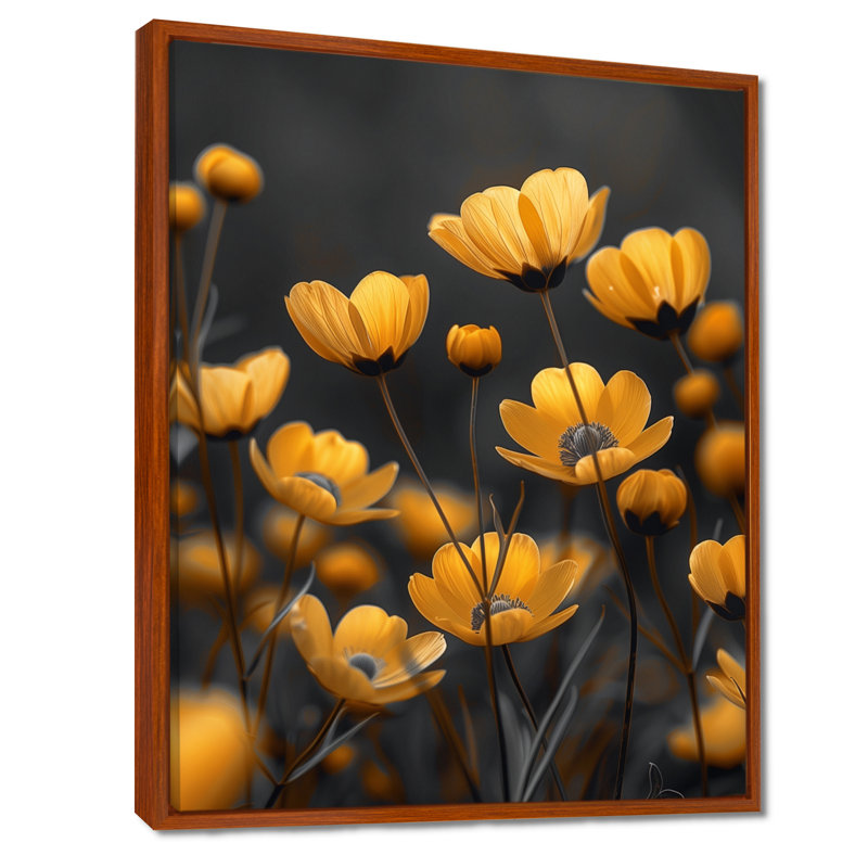 Reproduction d'art jaune jaune noir Golden Hour Glow Buttercups I - Bouton d'or, Toile avec cadre flottant or