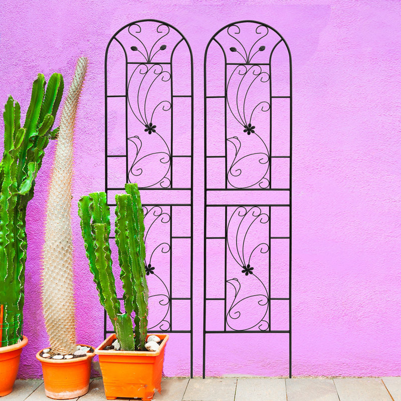 Ensemble de 2 treillis de jardin en métal, 86,7 po x 19,7 po, antirouille, pour plantes grimpantes, support de fleurs d'extérieur, style paon noir