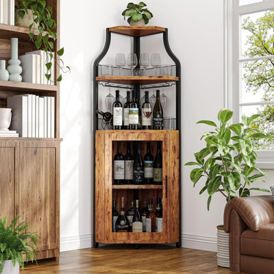 Industrial Corner Wine Bar Cabinet – Detachable Wine Rack, Glass Holder, Mesh Door, Large 5-Tier Storage Sideboard for Dining Room, Kitchen, or Living Room