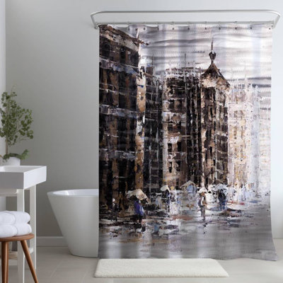 White Industrial Bedroom – Abstract City – Polyester Shower Curtain, Dye Sublimation Print, 71" W × 74" L