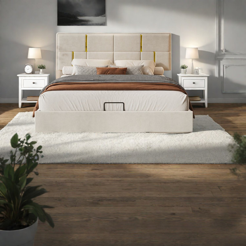 Grand lit moderne en velours beige moderne avec rangement spacieux, facile à assembler