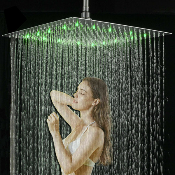 16 Inch Square LED Rainfall Shower Head - Brushed Nickel, High Pressure, 5-Year Warranty