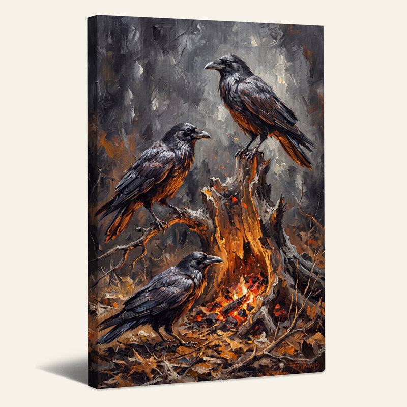 Trois corbeaux perchés sur une souche en feu - Toile murale d'Halloween, H 40 po x l 28 po