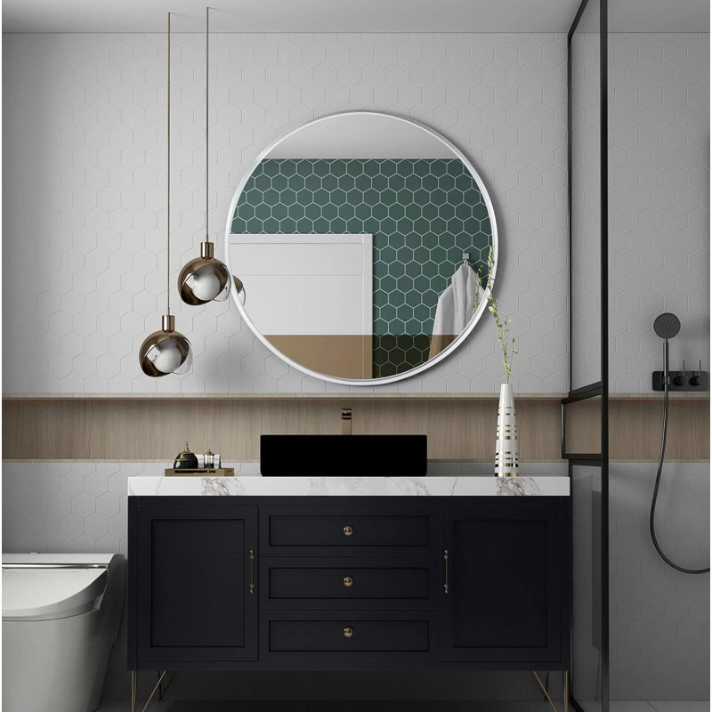 Mensaidas Round Aluminum Frame Mirror, Black, 24" x 24"