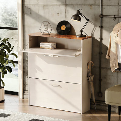 Farmhouse Slim Shoe Cabinet For Entryway, 3 Flip Drawer Storage, Rustic Brown Top & Washed White Body, Narrow Organizer, 9.5 Inch Depth