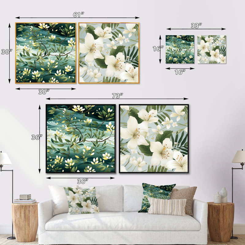 Mangrove Serenity - motif tropical - ensemble de 2 collages floraux carrés, Cadre flottant blanc, H 36 po x l 73 po