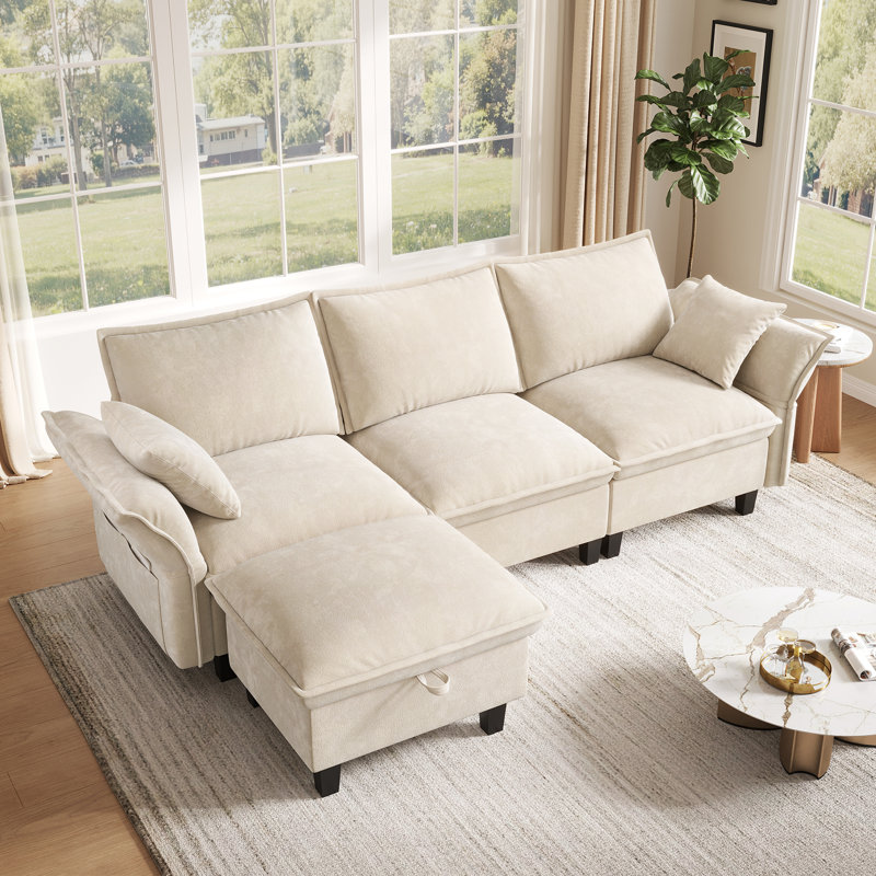 112'' Down Modular Sectional Sofa With Movable Ottoman, Couch With Removable Washable Cushion Covers, Tool-Free Easy Assembly, Petal Arms Deep Seat Cloud Couches For Living Room, Chenille Fabric