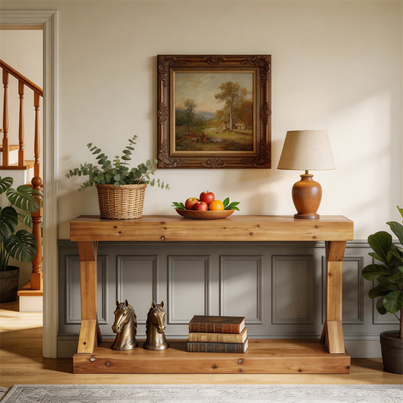47.24” Console Table Long Farmhouse Solid Fur Wood Console Entryway Table For Hallway With Shelf, Natural Wood