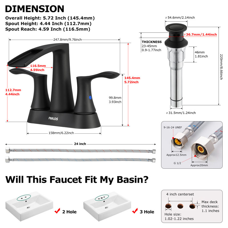 Centerset 2-Handle Waterfall Bathroom Sink Faucet With Pop-Up Drain, Matte Black