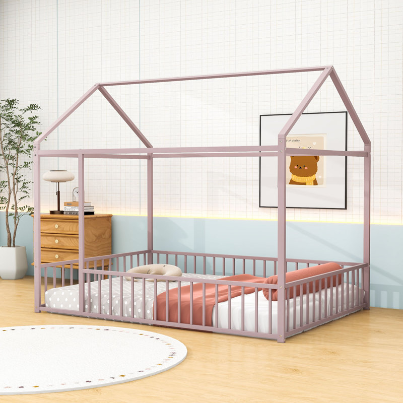 Full Size Metal House-Shaped Bed With With Roof And Fence, Pink