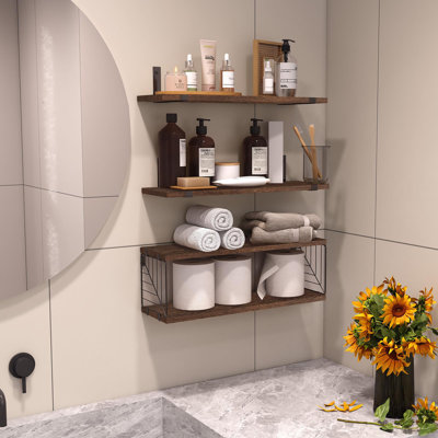 Étagères flottantes de salle de bain 3 + 1 niveaux au-dessus de la toilette, tablettes en bois rustique de 15,8 po de ferme, décoration murale pour la salle de bain, le salon, la chambre à coucher et la cuisine (brun foncé)