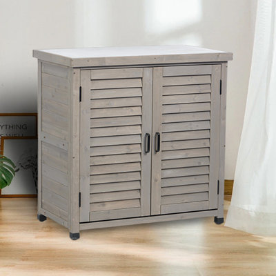 Potting Bench with Storage Cabinet and Metal Table Top for Outdoor Patio