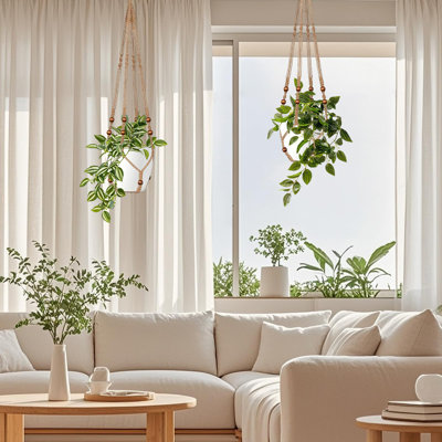 Ensemble de 4 porte-pots à fleurs suspendus en jute et macramé pour plante d'intérieur avec perles en bois décoratives et sans pampilles pour l'intérieur et l'extérieur Boho, 35 pouces brun (pots non inclus)