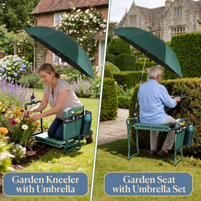Banc de jardinage 2 en 1 multi-usages à genoux avec auvent pare-soleil, tabouret de jardin portable pouvant supporter jusqu'à 330 lb, livré avec pochette à outils munie d'un compartiment à bouteilles, cadeau de jardinage pratique pour les dames, les hommes et les personnes âgées