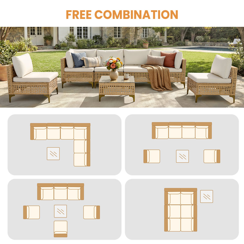 7 Piece Patio Furniture Set, Outdoor Wicker Modular Sectional Patio Conversation Set With Thicker Cushion & Tempered Glass Coffee Table For Backyard