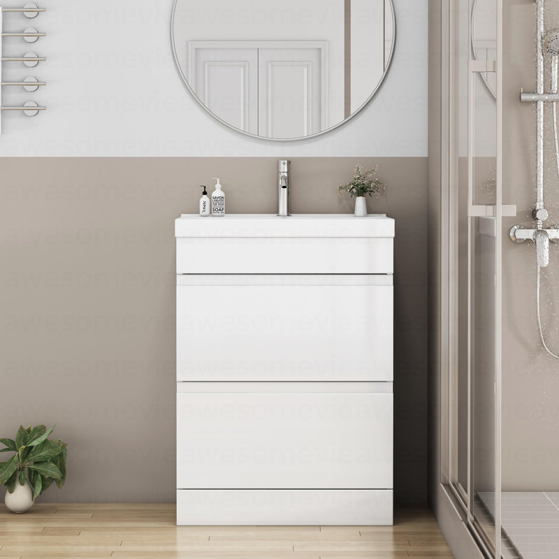 Ensemble de meuble-lavabo 24 po avec lavabo, meuble-lavabo à 2 tiroirs, armoire de salle de bain autoportante à assemblage rapide, système de fermeture en douceur, cuve en céramique à bords épais unique, conception sans poignée, blanc brillant