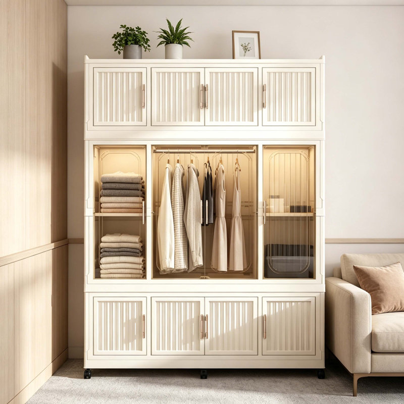 Armoire modulaire en PP pliable à 12 cubes avec 12 portes cannelées en ambre magnétique et tringle à vêtements centrale, armoire de rangement portative autoportante pour chambre de bébé