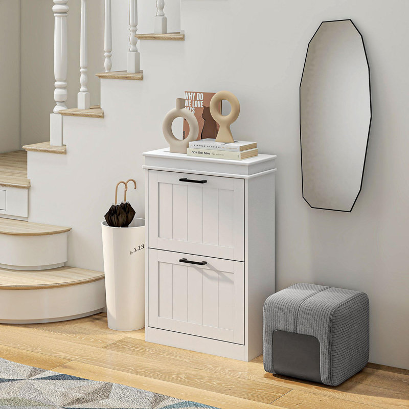Shoe Cabinet For Entryway, Narrow Shoe Rack Storage Organizer With 2 Flip Drawers And Adjustable Shelves For 10 Pairs Of Shoes, White