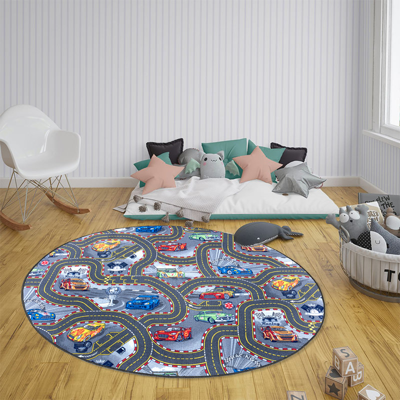 Race Track Tufted Grey/Blue Indoor Rug, Round 133cm