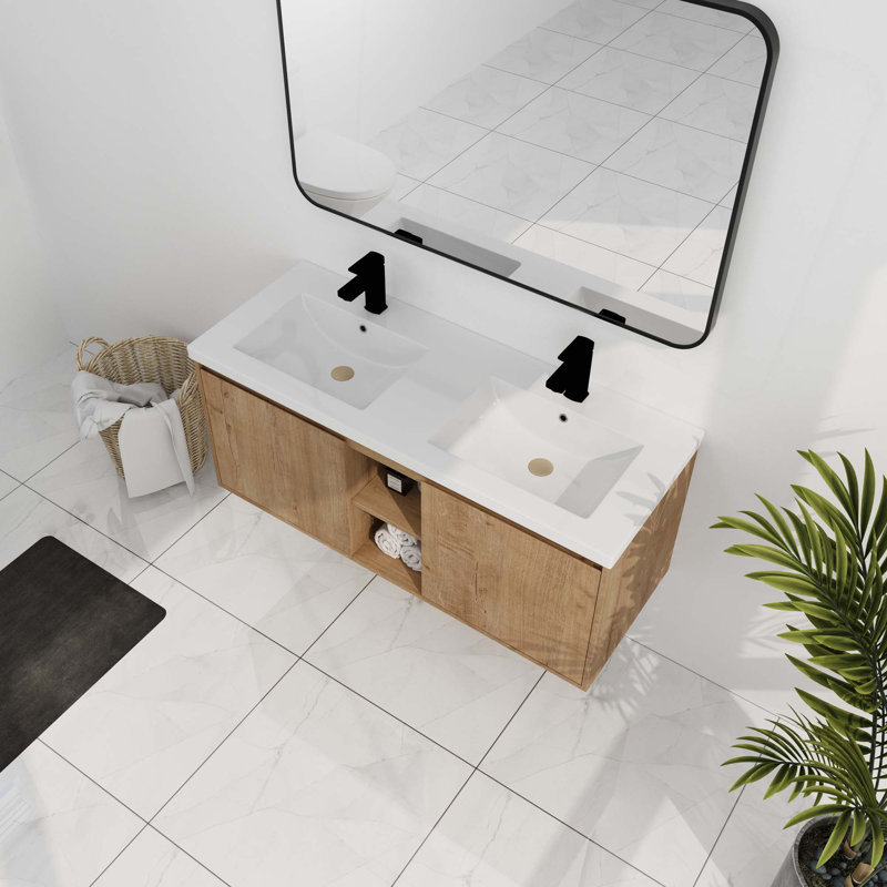 Meuble-lavabo mural 48 po avec lavabo double, charnière de porte à fermeture en douceur