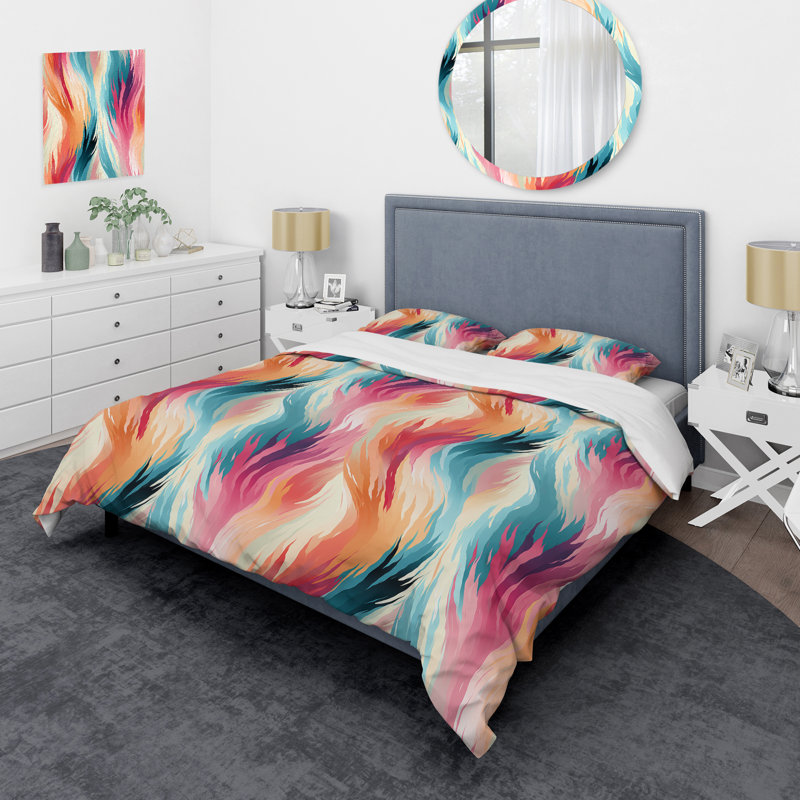 Turquoise And Pink Ethereal Ikat Fusion - Ensemble de housse de couette abstrait