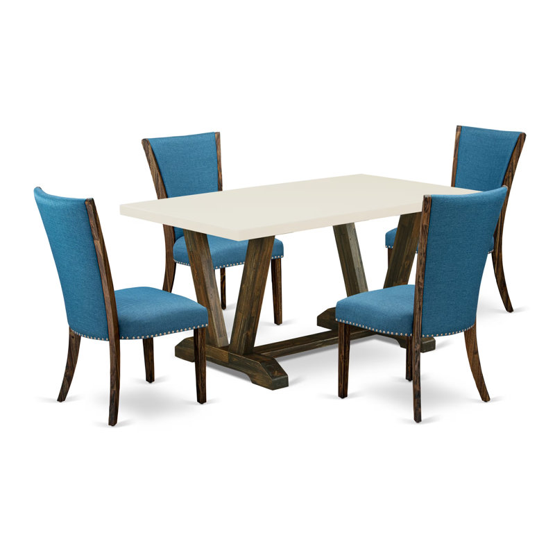 Ensemble de salle à manger moderne de 5 pièces comprenant une table rectangulaire en bois avec pieds en V et 4 chaises de salle à manger Parson en lin bleu, 91 x 152 cm, multicolore