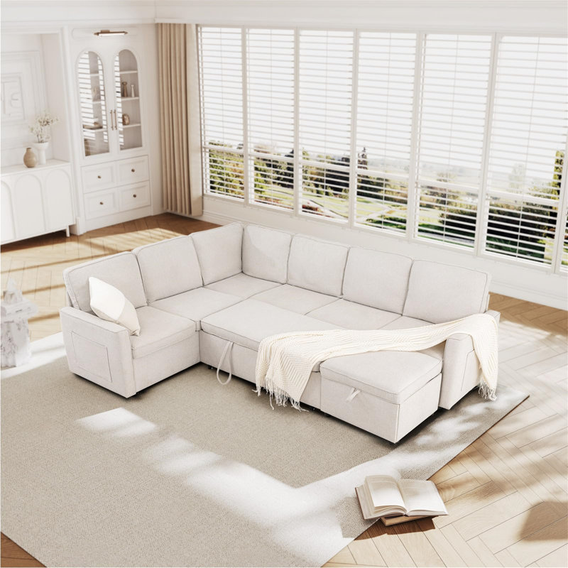 Canapé-lit modulaire en U de qualité supérieure avec lit escamotable, Lin blanc