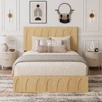 Solid Wood Platform Bed Frame with Side Storage Drawers, Curved Headboard Wood Slat Support, No Box Spring Needed