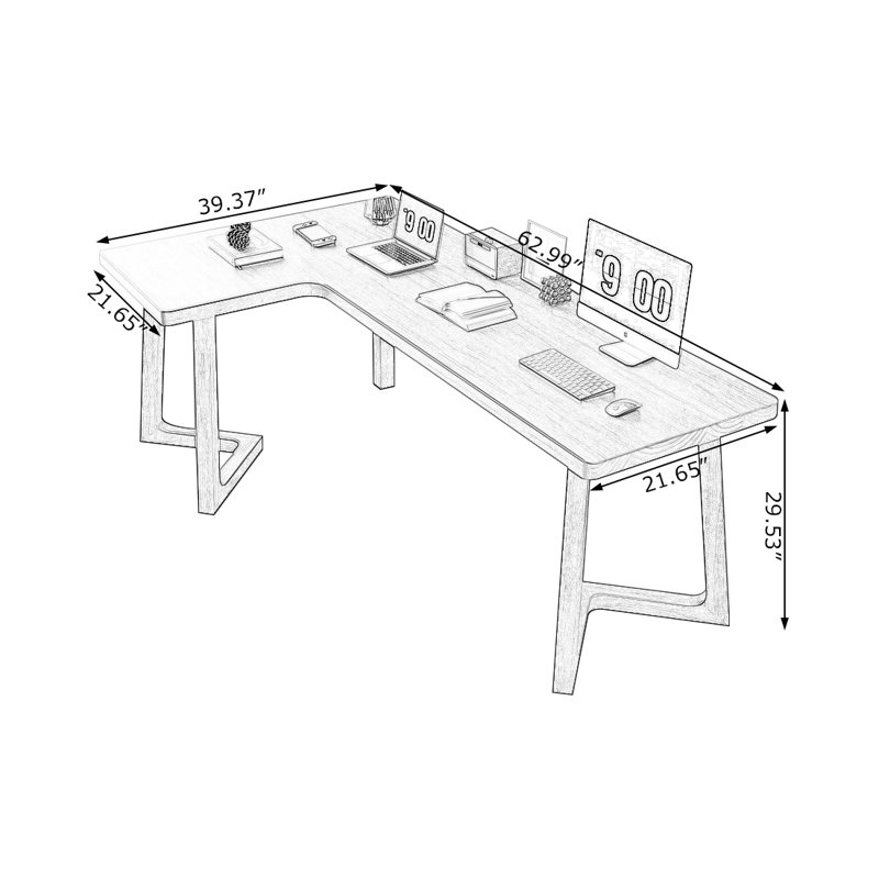 Bureau d'écriture en L en bois massif brun noisette, Retour à gauche, H 29,53 po x l 62,99 po x P 39,37 po