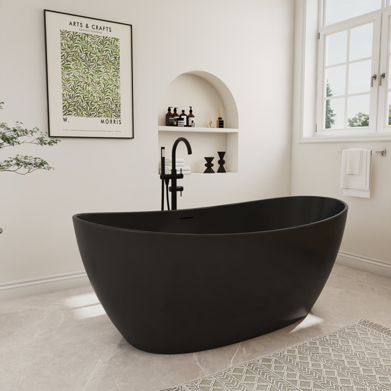 65 in. x 34 in. Stone Resin Solid Surface Flatbottom Freestanding Soaking Bathtub in Matte Black, Matte Black