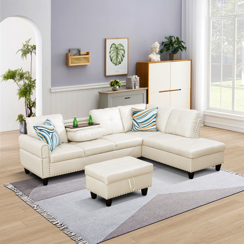 White Faux Leather 3-Piece Sectional Sofa Set with Storage Ottoman, Right Hand Facing, Off-White Faux Leather