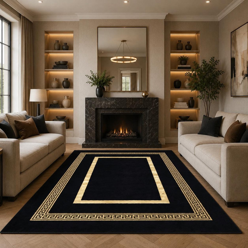 Tapis noir doré moelleux, tapis en fausse fourrure douce, bordure géométrique moderne, 5 x 8 ft