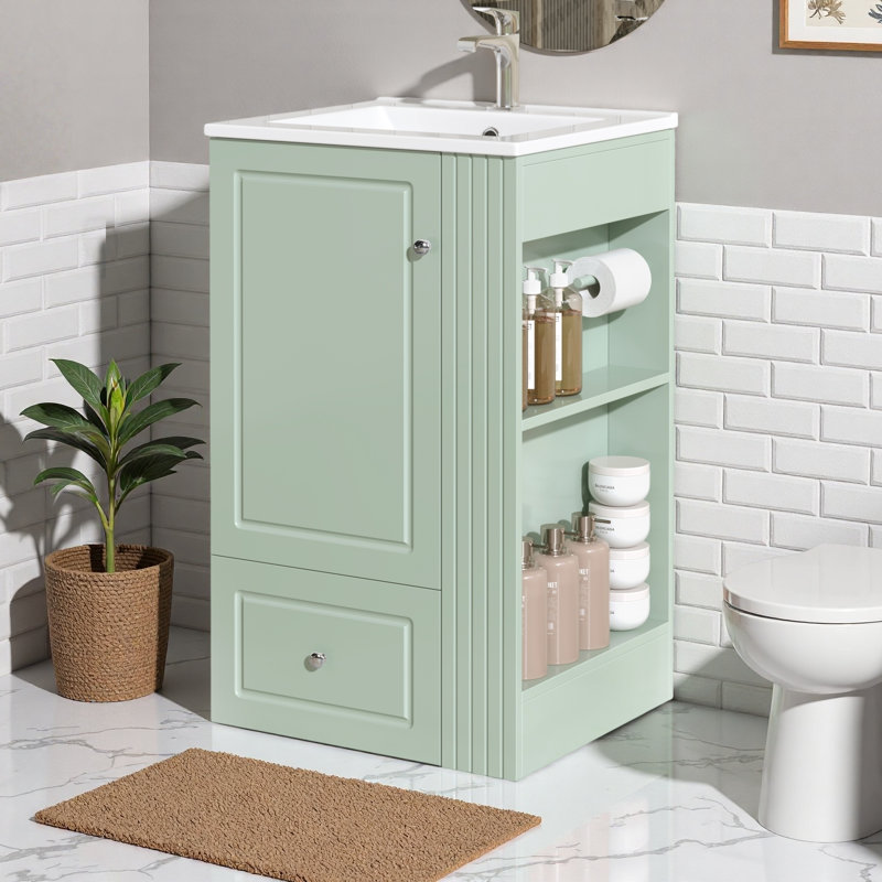 Meuble-lavabo autoportant avec lavabo en céramique, armoire de rangement, tiroir, tablettes latérales ouvertes et barre à serviettes