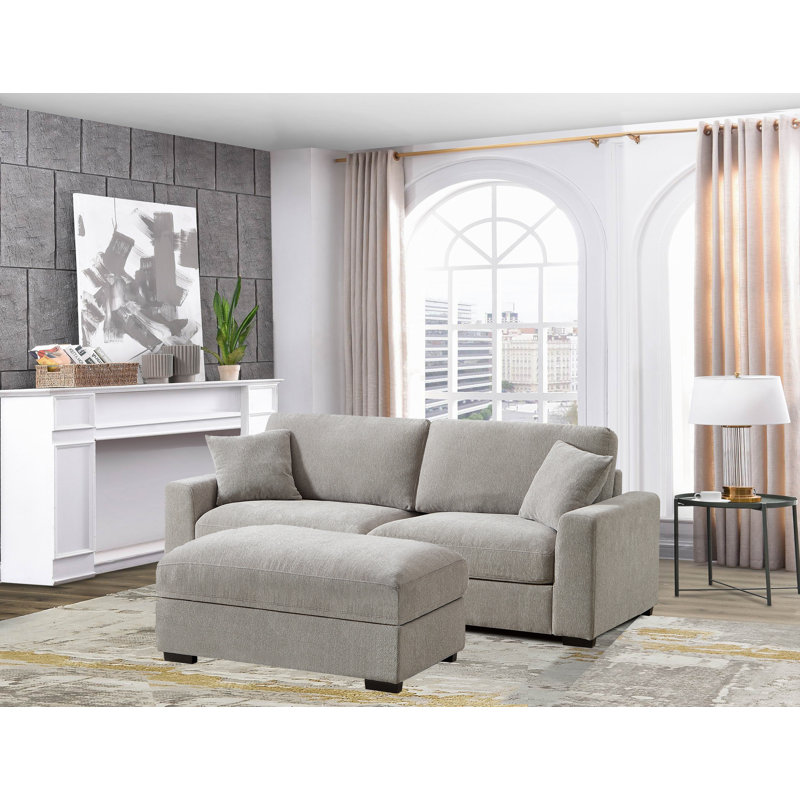 Aniessa 92'' Upholstered Sofa with Reversible Ottoman, Light Gray Polyester Blend