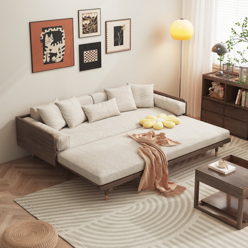 Grimpante 82.7'' Cotton Linen Sleeper Upholstered Sofa Bed with Pillows,Solid Wood Legs, Walnut Wood