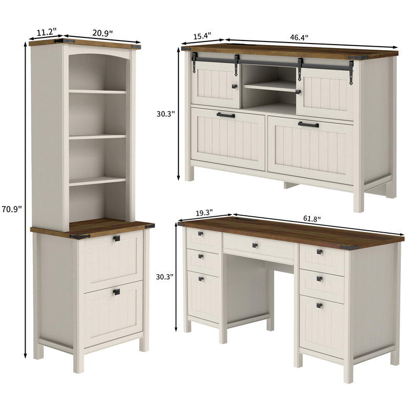 4-piece Computer Desk Office Set, Brown/White