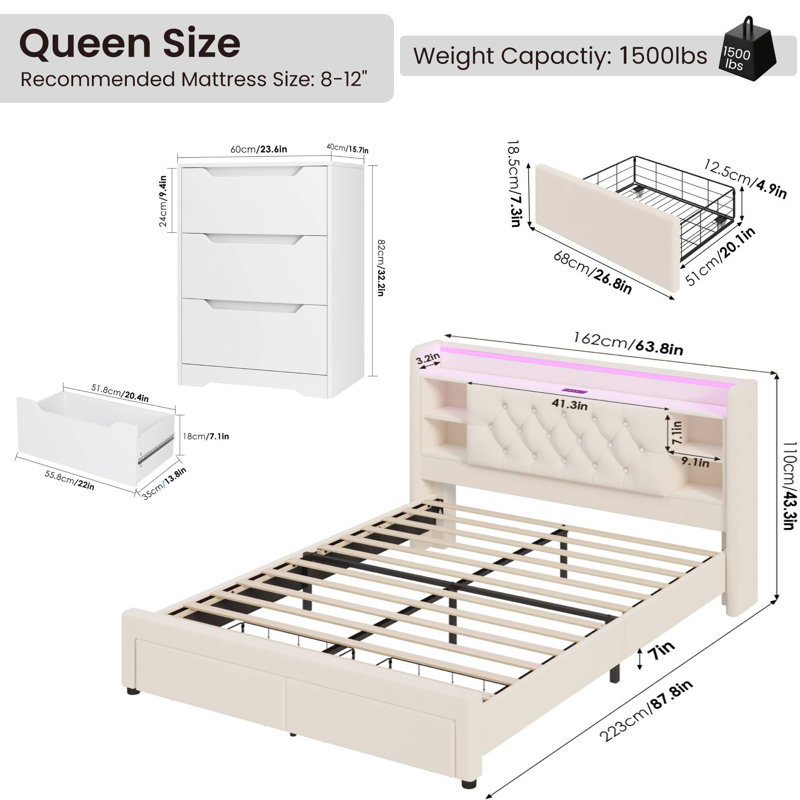 Ensemble de chambre à coucher 3 pièces, lit de rangement rembourré à 2 tiroirs avec ports de chargement et tablette latérale, ensemble de table de chevet 3 pièces à 2 tiroirs