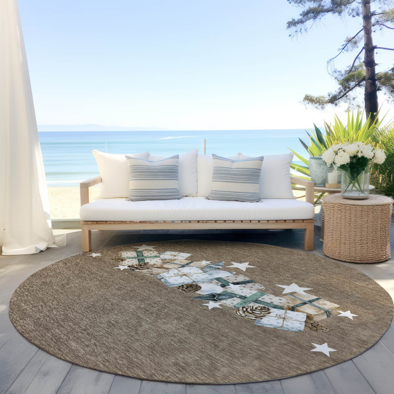 Machine Washable Indoor/Outdoor Christmas Presents Xhevrie Brown Rug, Round 8'