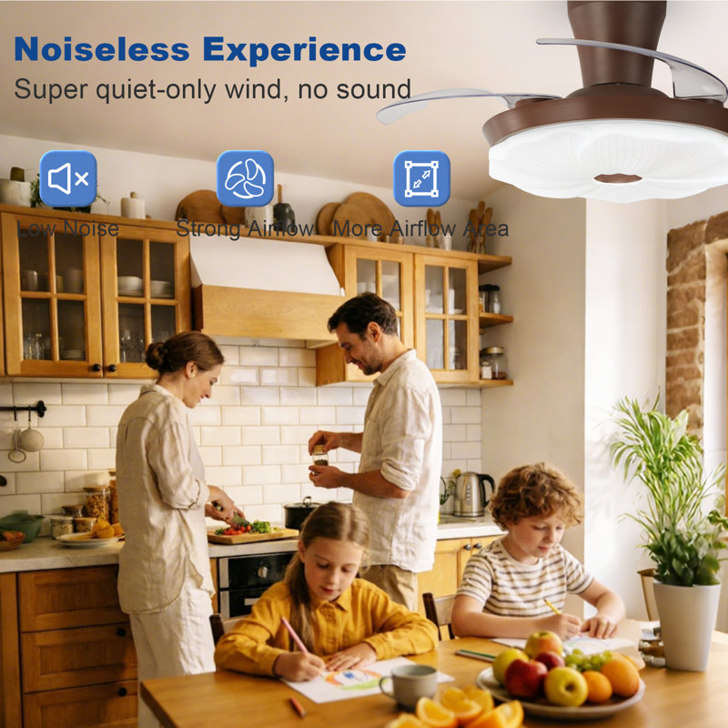 42 inch Flush Mount Retractable Invisible Walnut Ceiling Fan with Light,Remote Control,6-Speed,Reversible Airflow,Dimmable Lighting for Living Room