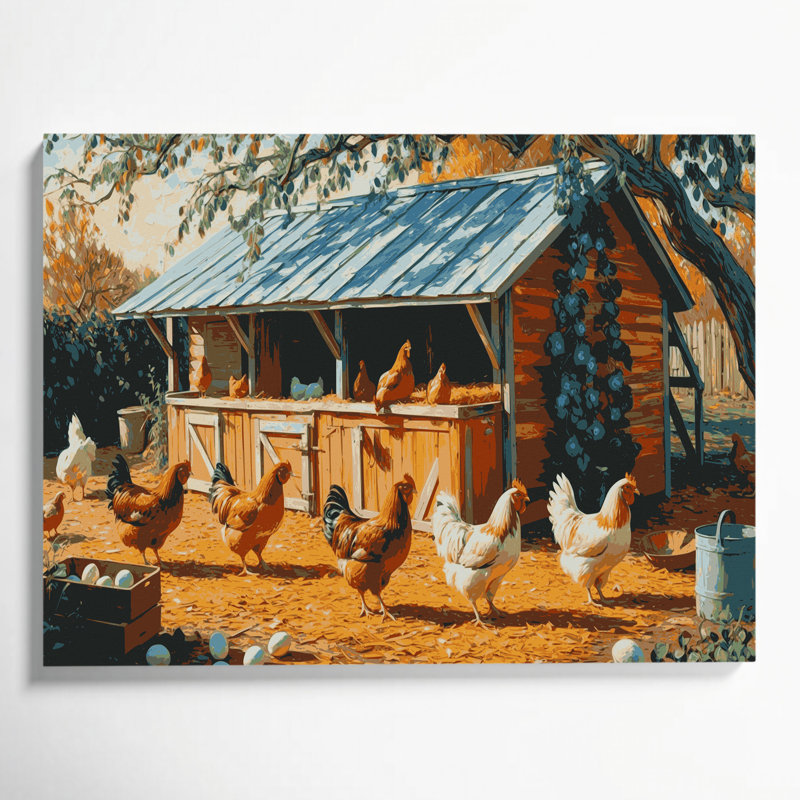 Ferme, poulailler, art mural sur toile brune, H 24 po x l 36 po